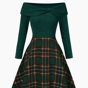 Green 1950s Christmas Off Shoulder Tartan Dress - Retro Stage - Size M (4/6)
